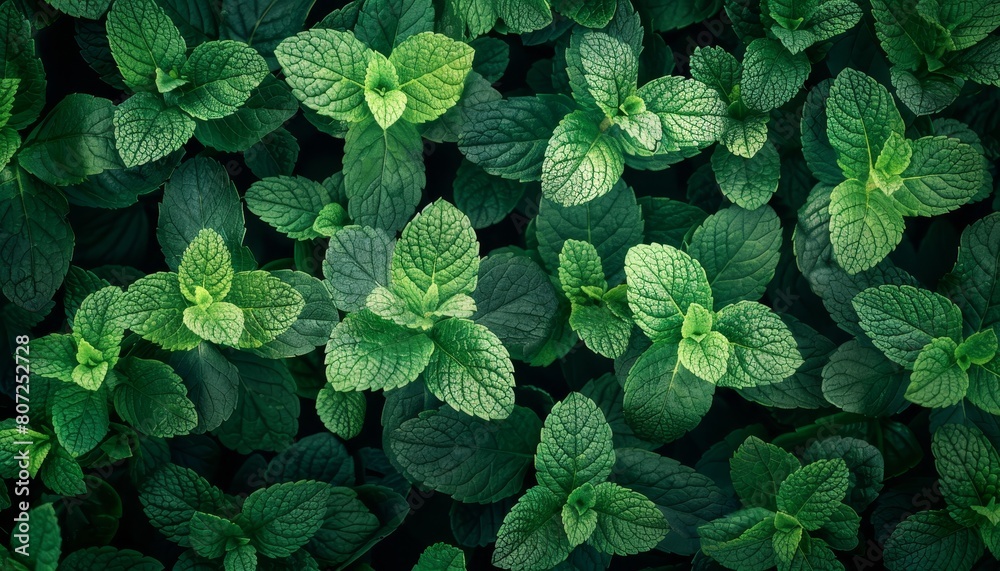 Top view of fresh green mint leaf texture in a natural ecological pattern Top view of fresh green mint leaf texture in a natural ecological pattern