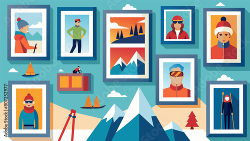 A wall of photographs showcases the owners ski trips from the past featuring their own use of retro ski equipment.. Vector illustration