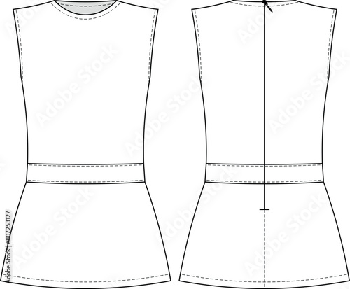 round neck crew neck sleeveeless zippered mini dop waist dress template technical drawing flat sketch cad mockup fashion woman design style model
