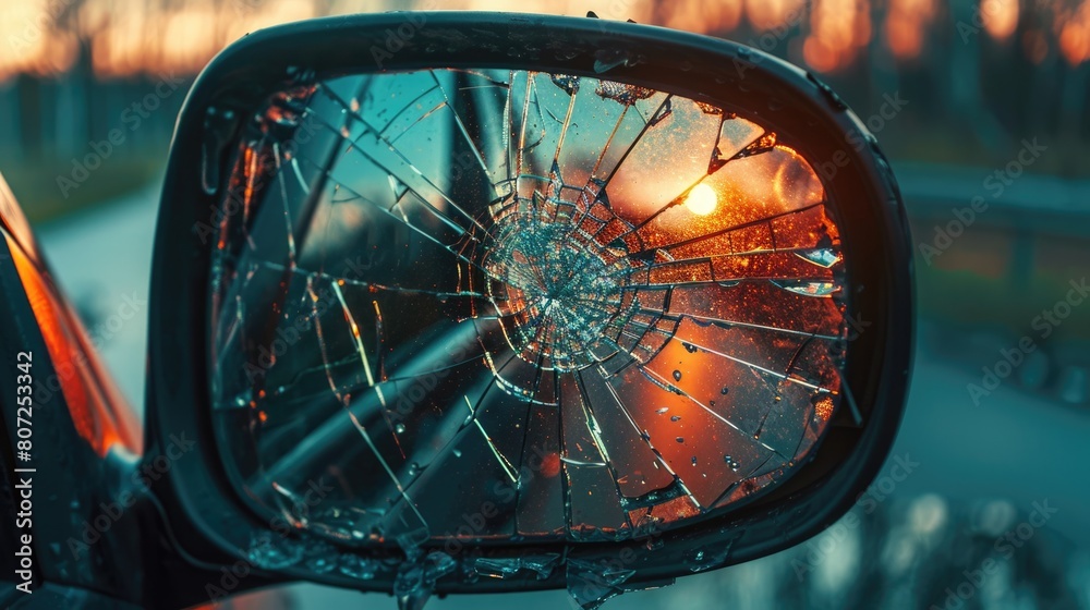Broken Car Mirror Shattered Into Pieces - Concept of Road Accident, Damage to Automobile Side