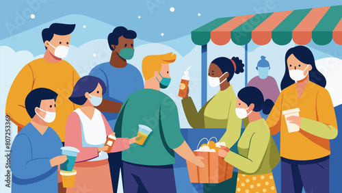 A crowd gathered around a vendors stall eagerly buying masks and sanitizers in a frenzy induced by fearering tactics of the merchant..