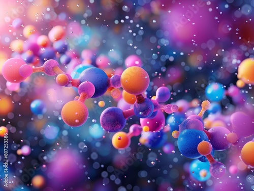 A colorful illustration of a complex molecule with swirling spheres