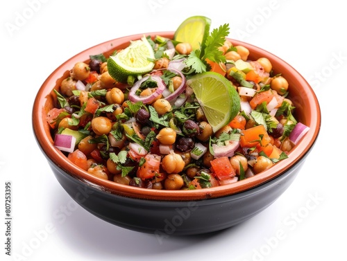 Chola Chana Chaat - Indian Street Breakfast Appetiser Bowl with Black Chickpea Masala on White