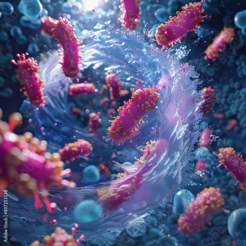 Close-up microscopic image displaying a vibrant colony of bacteria swirling through a fluid medium  surrounded by colorful  illuminated particles.