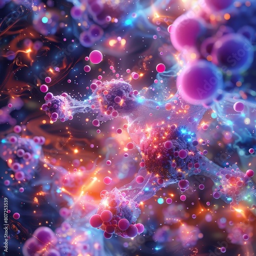 Intricate microscopic image of a molecular network featuring vibrant particles interconnected in a glowing environment, highlighting the beauty of cellular structures.