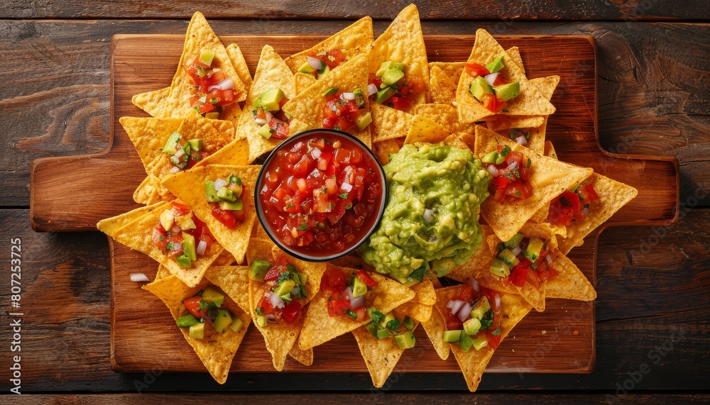 custom made wallpaper toronto digitalTop view of vegan nachos snack on wooden board with guacamole salsa and cheese dip sauce Closeup of tortilla nacho crisps