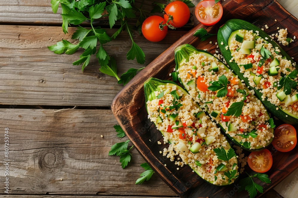 Top view of zucchini filled with vegetable couscous salad on wooden background Apar from chocolate ganache Top view of zucchini filled with vegetable couscous salad on wooden background Apar from chocolate ganache