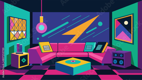The sharp energetic beats of 80s punk rock collide with the soft mellow tones of 2000s indie pop in one corner of the lounge. Vector illustration
