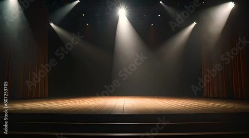 An empty stage illuminated by a single dramatic spotlight, suggesting anticipation of a performance or event photo