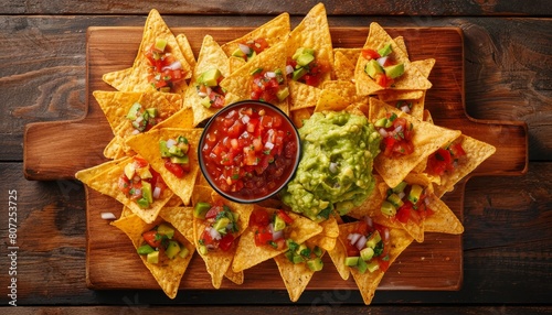 Wallpaper Mural Top view of vegan nachos snack on wooden board with guacamole salsa and cheese dip sauce Closeup of tortilla nacho crisps Torontodigital.ca