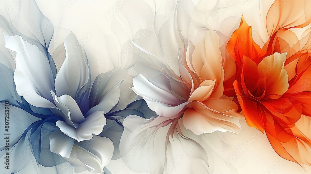   A close-up of a white and blue background with an orange and red flower on the right side of the image