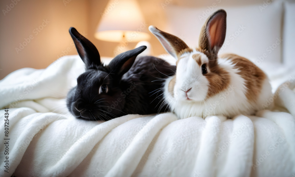Obraz premium Two rabbits are curled up under a white fluffy blanket on top of the bed. Couple cute Easter bunny baby rabbits laying on cozy background. Pascha, Resurrection Sunday, Christian cultural holiday