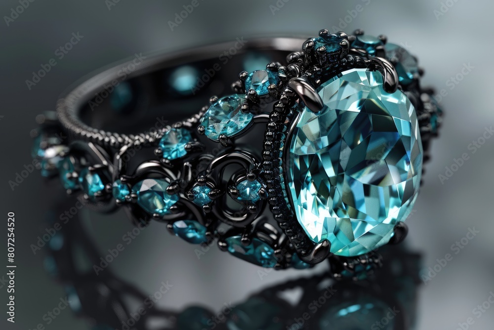 Aquamarine Beauty: High-Resolution 3D Closeup of Blue Beaded Ring with Diamond and Black Chain Aquamarine Beauty: High-Resolution 3D Closeup of Blue Beaded Ring with Diamond and Black Chain