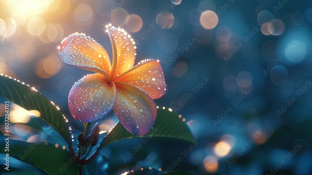 A flower with water droplets on its petals, captured in sharp focus while the background is softly blurred A flower with water droplets on its petals, captured in sharp focus while the background is softly blurred