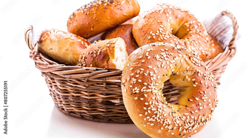 A basket with delicious bagels, isolated on white background.