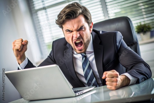 Angry businessman sitting at his desk and screaming.