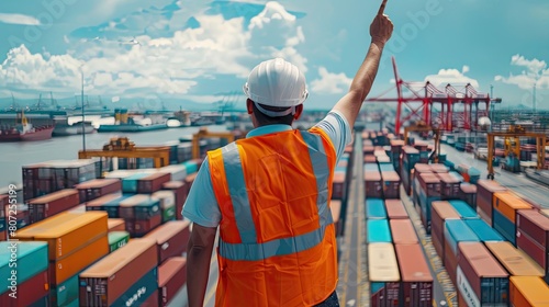 A man with his back turned pointing his finger sending indications in a port with containers. photo