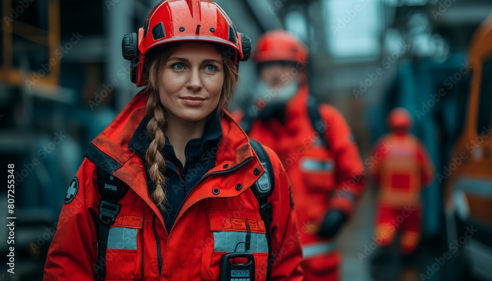 Paramedic woman with team in the background Paramedic woman with team in the background