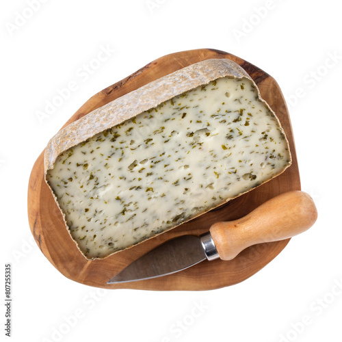 Cheese with herbs on wooden board  isolated on white background.