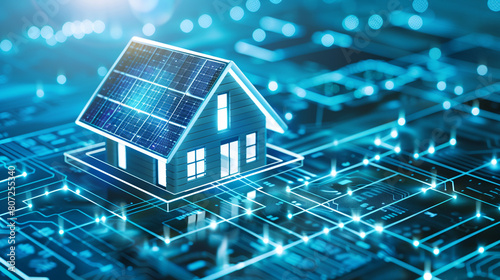 Illustration futuristic smart home solar panels, energy-efficient technology concept. Sustainability