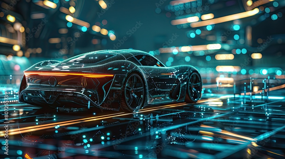 Illustration, outline of a sports car, with elegant lines, integrated into a futuristic background and digital network, dynamic green and blue lights. Illustration, outline of a sports car, with elegant lines, integrated into a futuristic background and digital network, dynamic green and blue lights.