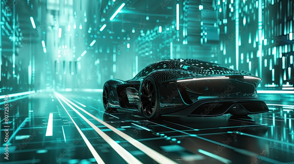 Illustration, outline of a sports car, with elegant lines, integrated into a futuristic background and digital network, dynamic green and blue lights. Illustration, outline of a sports car, with elegant lines, integrated into a futuristic background and digital network, dynamic green and blue lights.