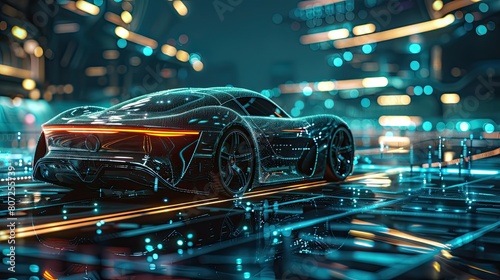 Illustration, outline of a sports car, with elegant lines, integrated into a futuristic background and digital network, dynamic green and blue lights.