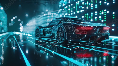 Illustration, outline of a sports car, with elegant lines, integrated into a futuristic background and digital network, dynamic green and blue lights. photo