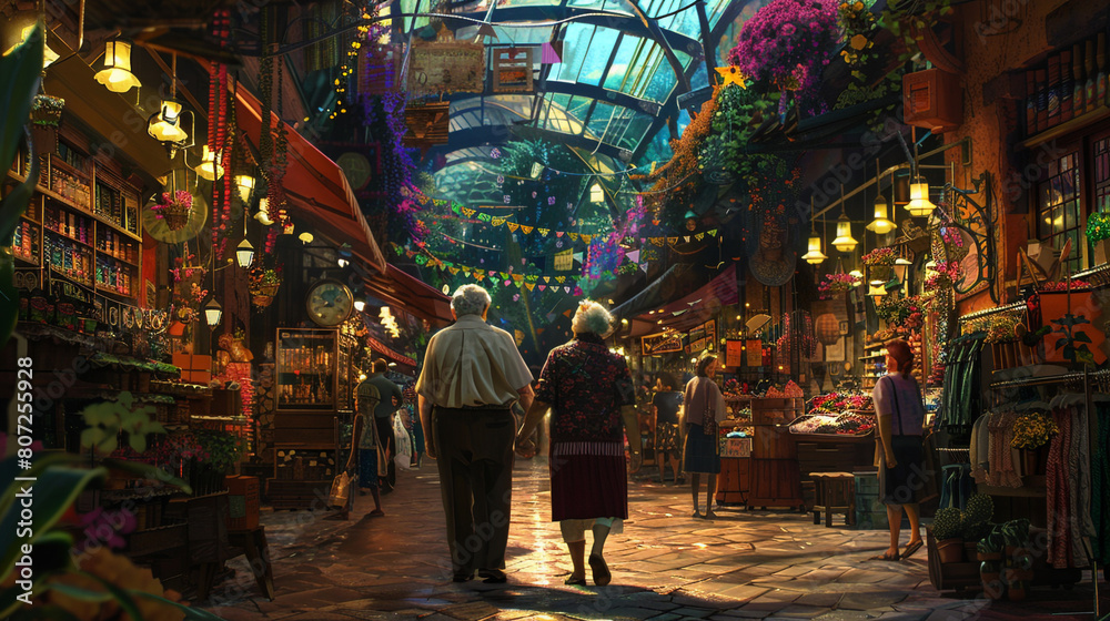 Obraz premium An ancient couple strolling hand in hand through a vibrant marketplace, their faces beaming with joy as they take in the sights and noises around them.