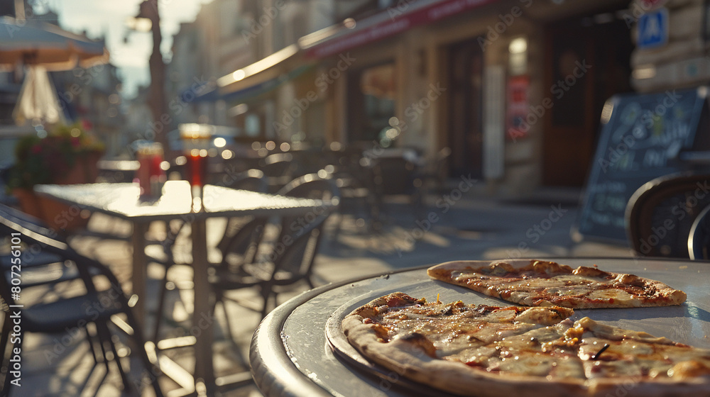 Sunny day cozy outdoor cafe sunny day, fresh pizza served hot, urban dining experience Sunny day cozy outdoor cafe sunny day, fresh pizza served hot, urban dining experience