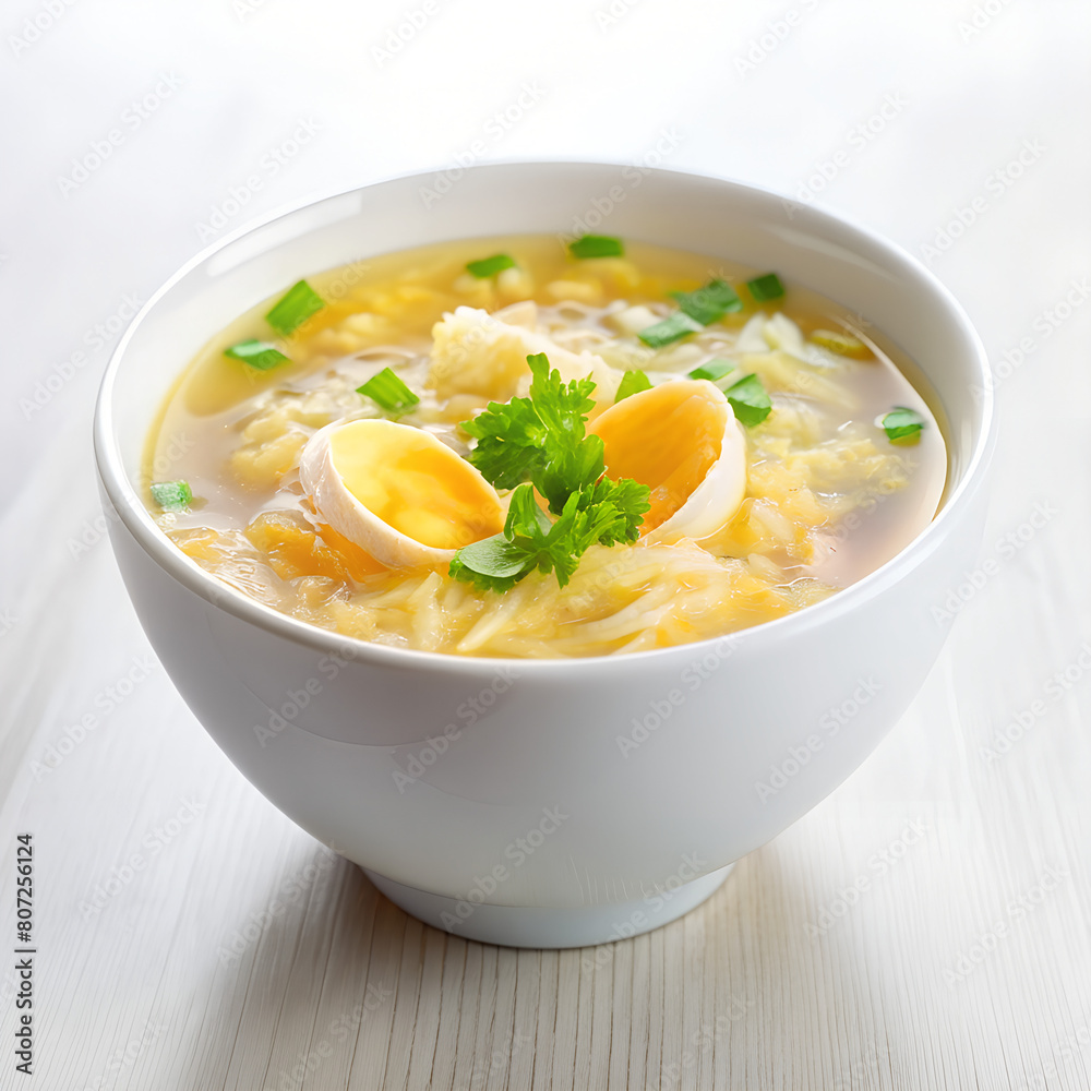 bowl of soup with chicken and egg
