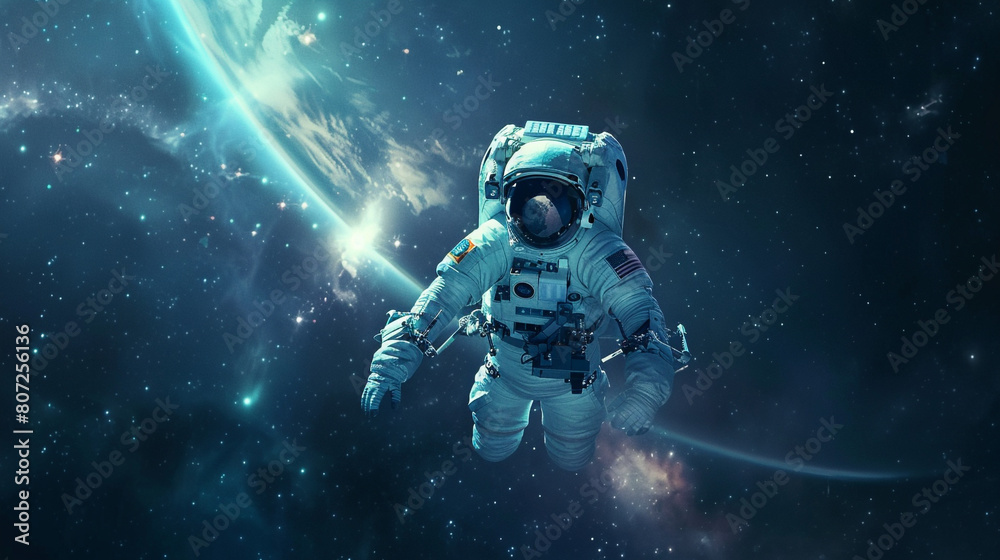 An astronaut conducting research on the edge of the universe while floating in the expanse of space and encircled by the shiny surfaces of a high-tech spacecraft.j An astronaut conducting research on the edge of the universe while floating in the expanse of space and encircled by the shiny surfaces of a high-tech spacecraft.j