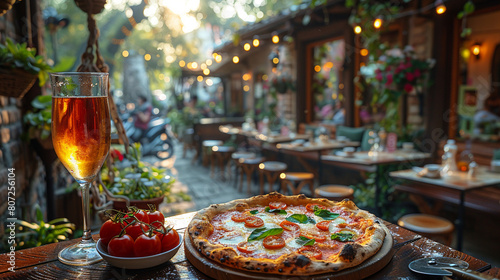 Crisp evening cozy outdoor cafe  pizza fresh tomato basil  chilled beer glasses