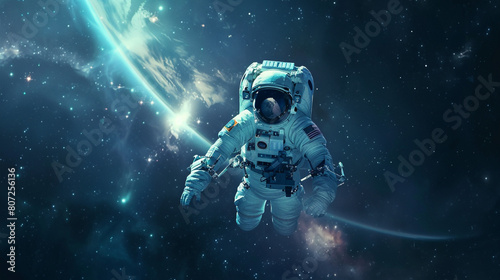 An astronaut conducting research on the edge of the universe while floating in the expanse of space and encircled by the shiny surfaces of a high-tech spacecraft.j