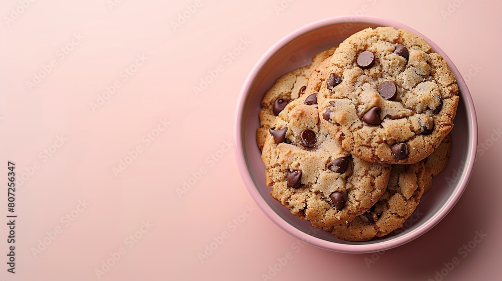 Three chocolate chip cookies in a pink bowl on a white background with a pink bowl containing the cookies Three chocolate chip cookies in a pink bowl on a white background with a pink bowl containing the cookies