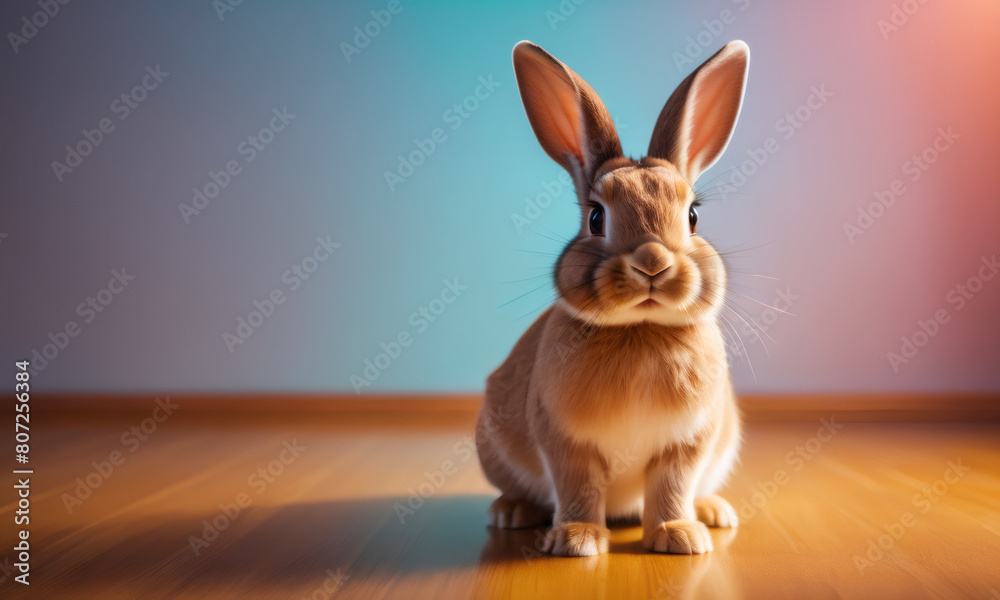 Obraz premium Lovely brown bunny easter rabbit stand on color studio background. Cute fluffy rabbit. Lovely small pet with beautiful bright eyes. Concept of Pascha, Resurrection Sunday, Christian cultural holiday