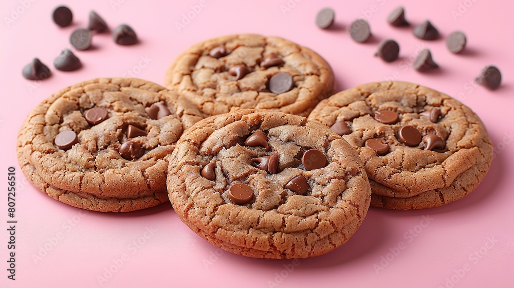 A stack of chocolate chip cookies placed on a pink table with another pile nearby A stack of chocolate chip cookies placed on a pink table with another pile nearby