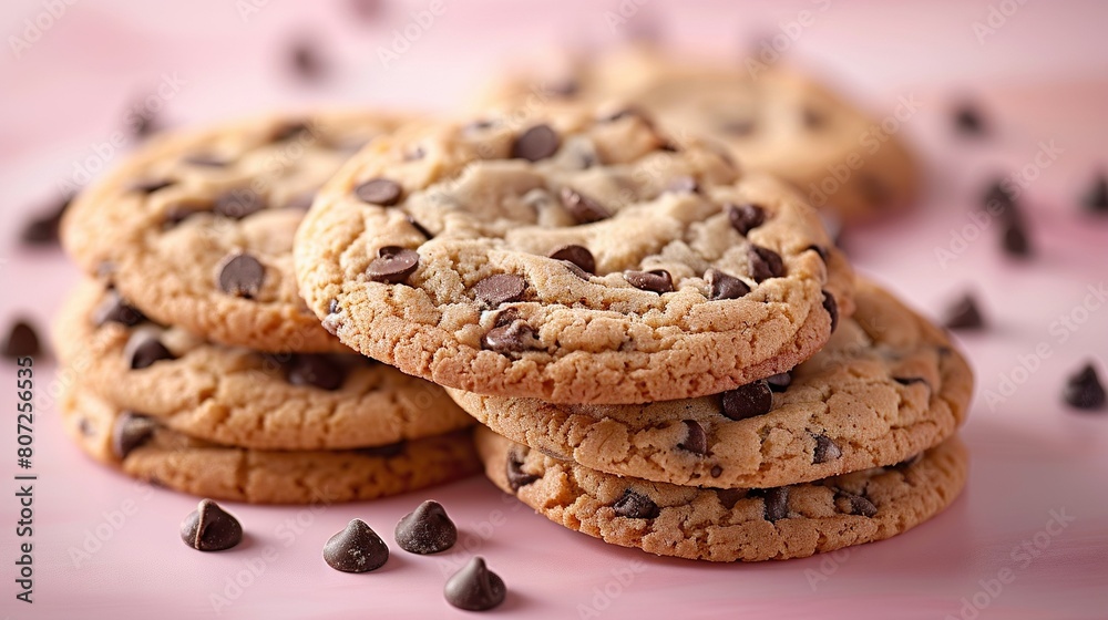 A pink table, top with chocolate chip cookies, and alongside another stack of chocolate chip cookies A pink table, top with chocolate chip cookies, and alongside another stack of chocolate chip cookies