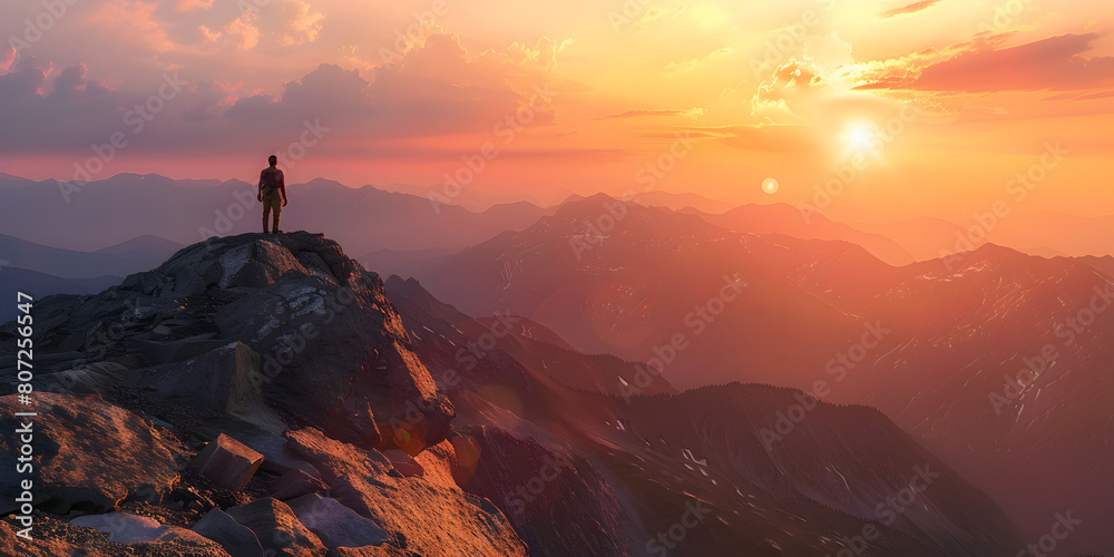 Hiker stands at the summit of a difficult mountain climb to be greeted with a beautiful view of the