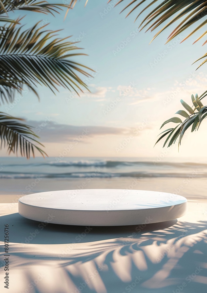 circular podium with beach in the morning sunrise and palm tree background for product presentation advertising circular podium with beach in the morning sunrise and palm tree background for product presentation advertising
