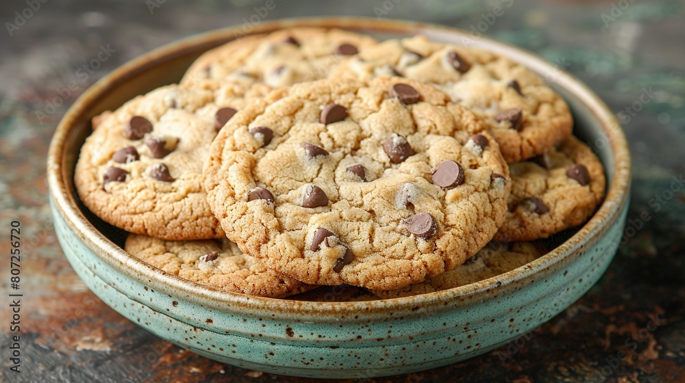 A granite countertop houses chocolate chip cookies in a bowl on top, alongside another bowl of chocolate chips A granite countertop houses chocolate chip cookies in a bowl on top, alongside another bowl of chocolate chips