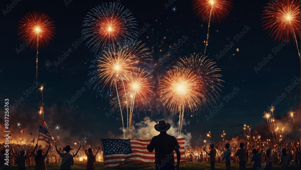 Generative Ai illustration banner of 4th July usa national holiday celebration night fith fireworks