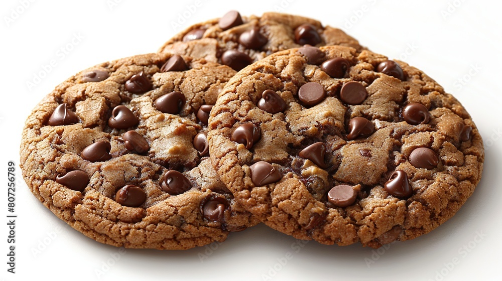 Two chocolate chip cookies stacked, bite missing from one White background Two chocolate chip cookies stacked, bite missing from one White background