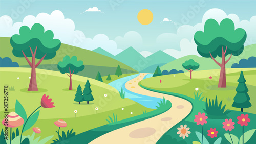 A sprawling park filled with wildflowers and gentle streams where you can jog and do cardio exercises in a peaceful natural setting.. Vector illustration