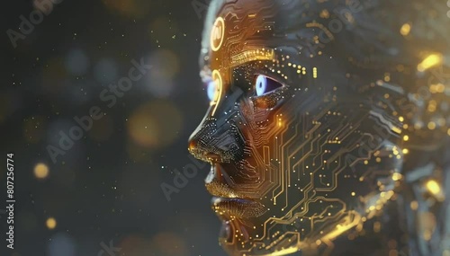 A digital artwork featuring an AI robot head with circuitry and glowing lights