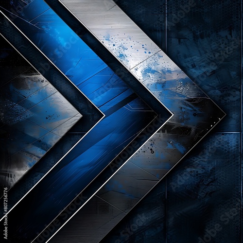 a visually dynamic and modern with abstract blue lines, silver arrow directions, and shadows on a metallic black background