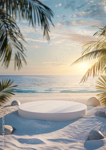circular podium with beach in the morning sunrise and palm tree background for product presentation advertising