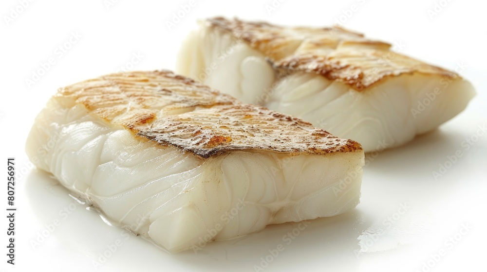 Image description: Two pieces of flaky white fish on a white background.