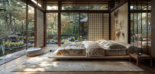 A master bedroom with an Eastern influence, featuring a low platform bed, silk embroidered textiles, photo