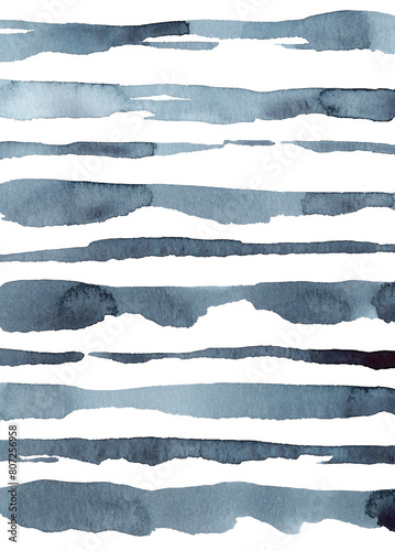 Hand painted watercolor abstract navy blue free form stripes on white background for your design photo